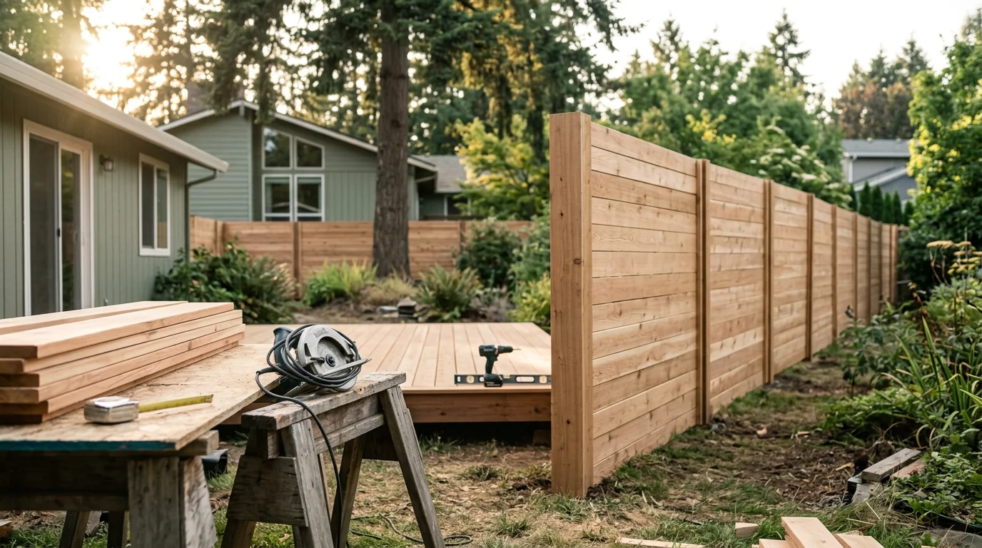 New wooden fence installed in a residential backyard