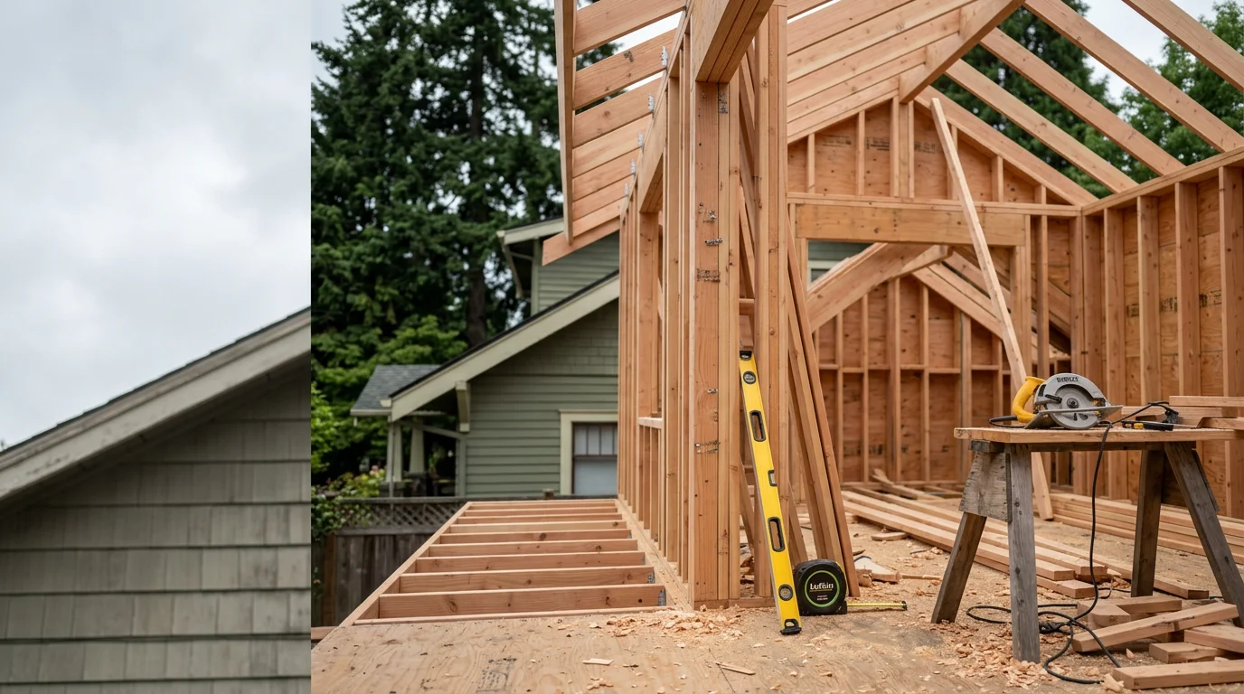 Construction crew framing a residential home addition