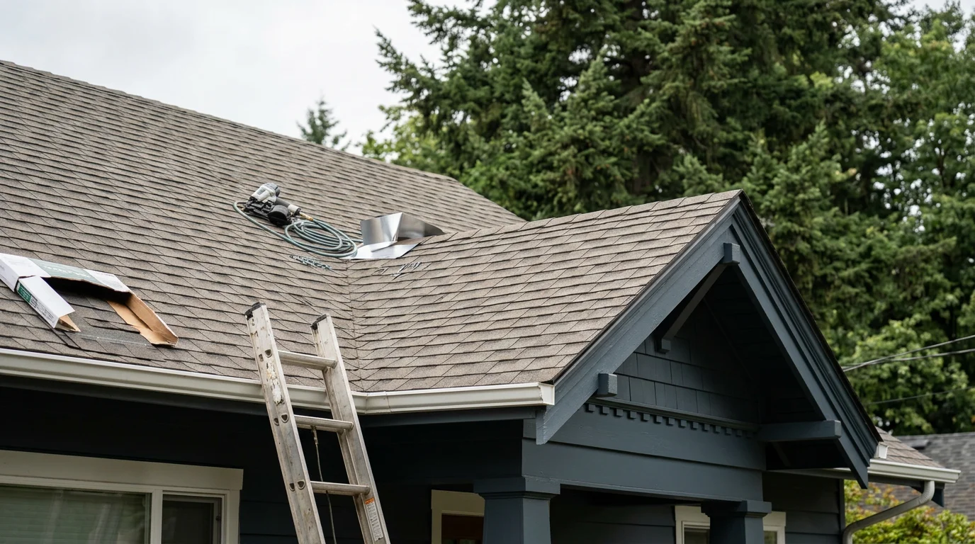 Roofer installing shingles on a residential roof