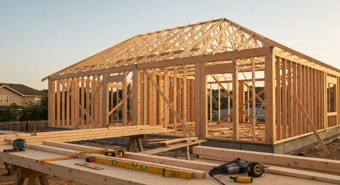 Wood-framed residential home structure with roof trusses, wall studs, and concrete foundation during construction