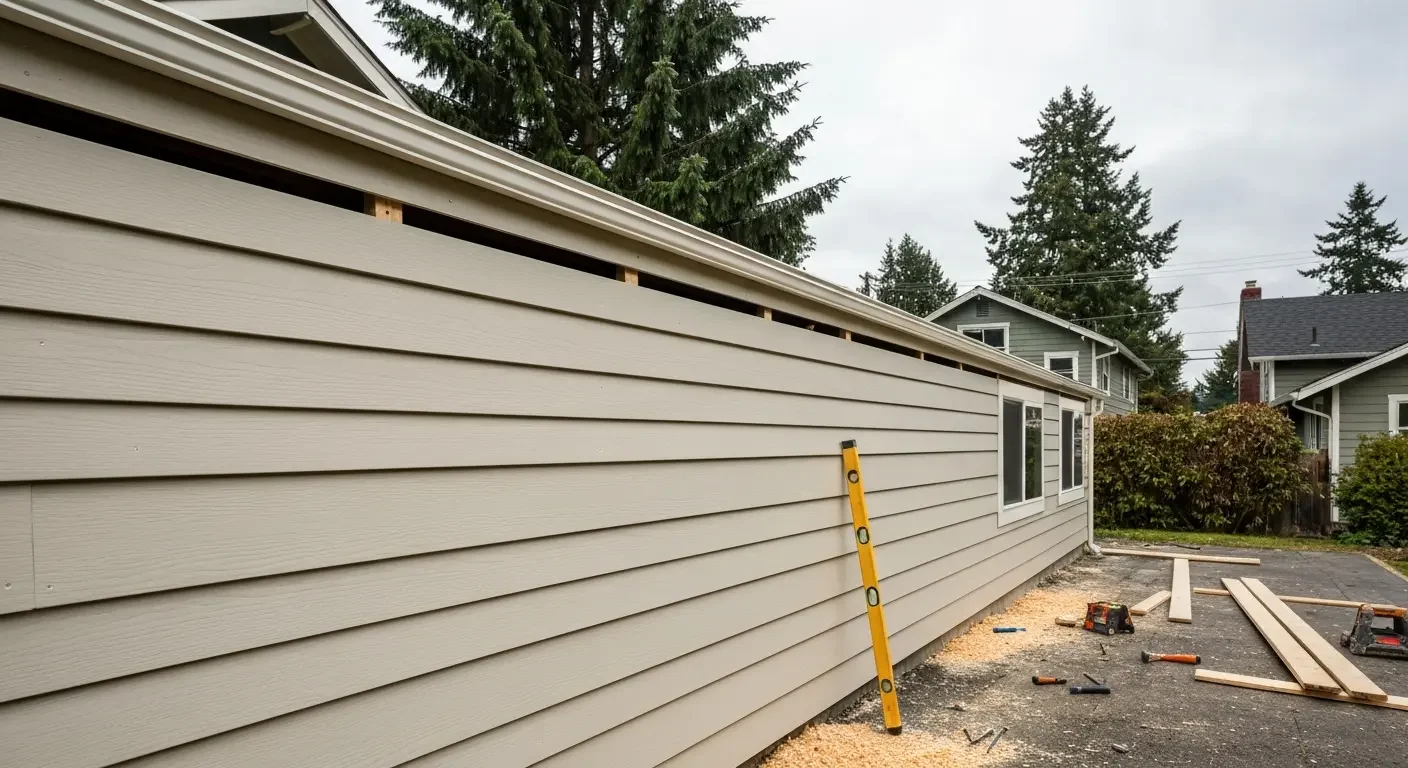 Horizontal fiber cement siding installation on residential home exterior with new trim and windows
