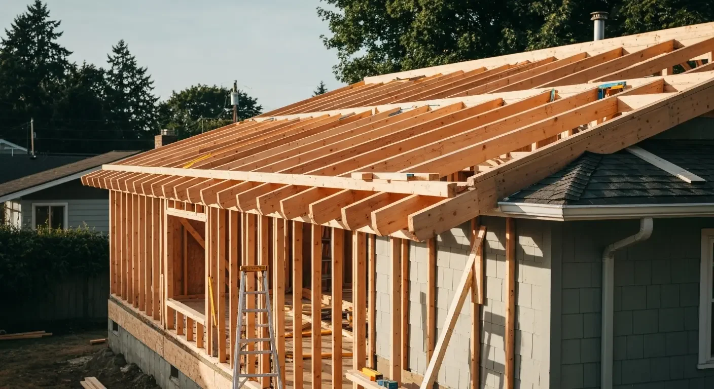 Exposed wood framing with dimensional lumber joists, rafters, and wall studs on residential addition