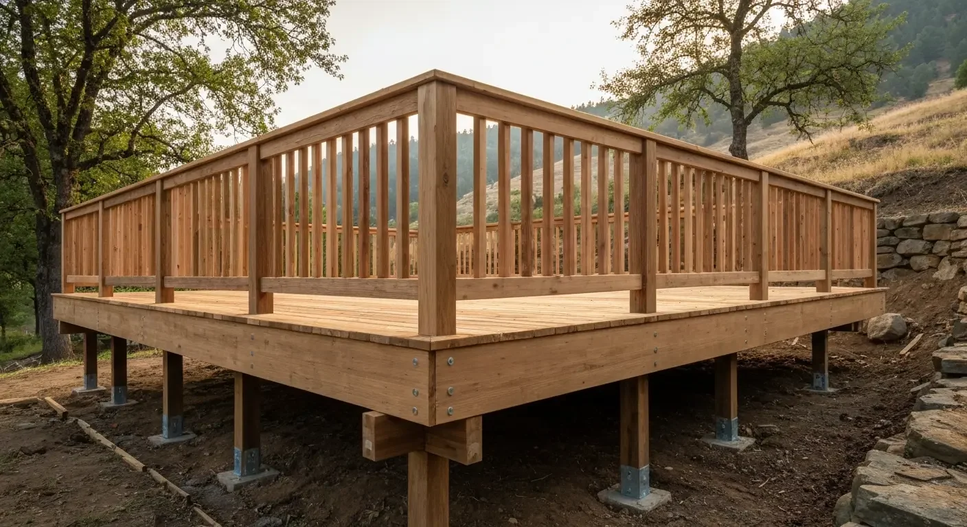 Elevated wood deck with vertical baluster railing and steel post supports