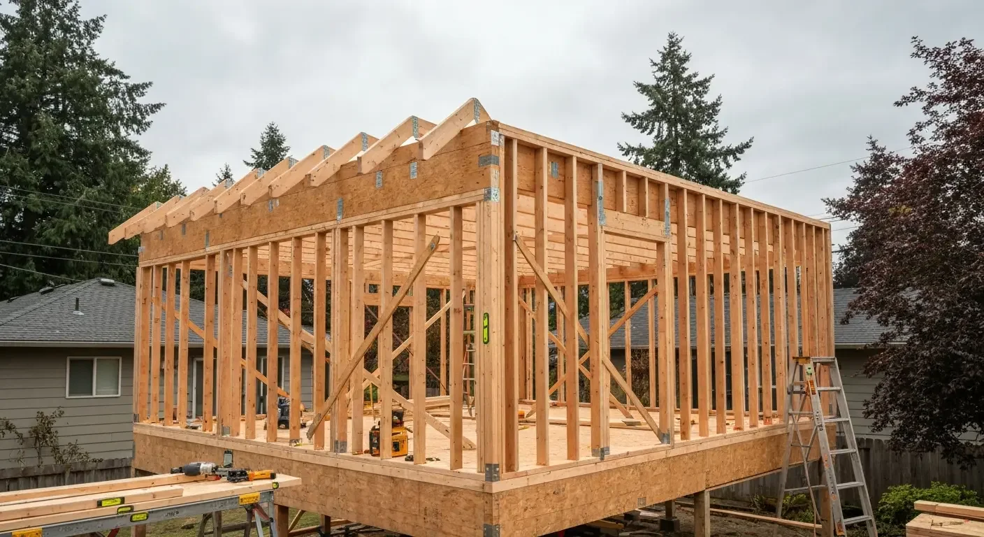 Wooden framing structure with studs, trusses, and OSB sheathing during construction phase