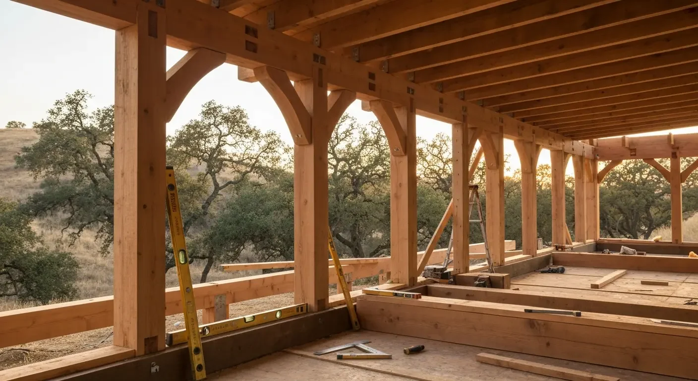 Timber frame structure with exposed beams, wooden posts, and arched braces during construction