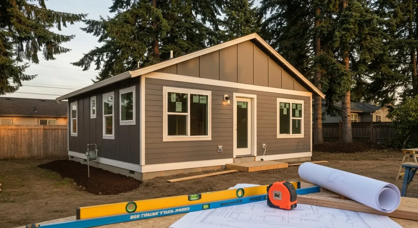 Dark brown fiber cement siding with cream trim on modern cottage home with gabled roof