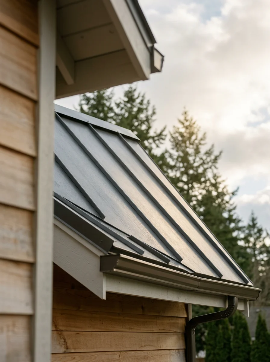 Metal roofing on Corvallis residence showing moss-resistant panels and integrated guttering system