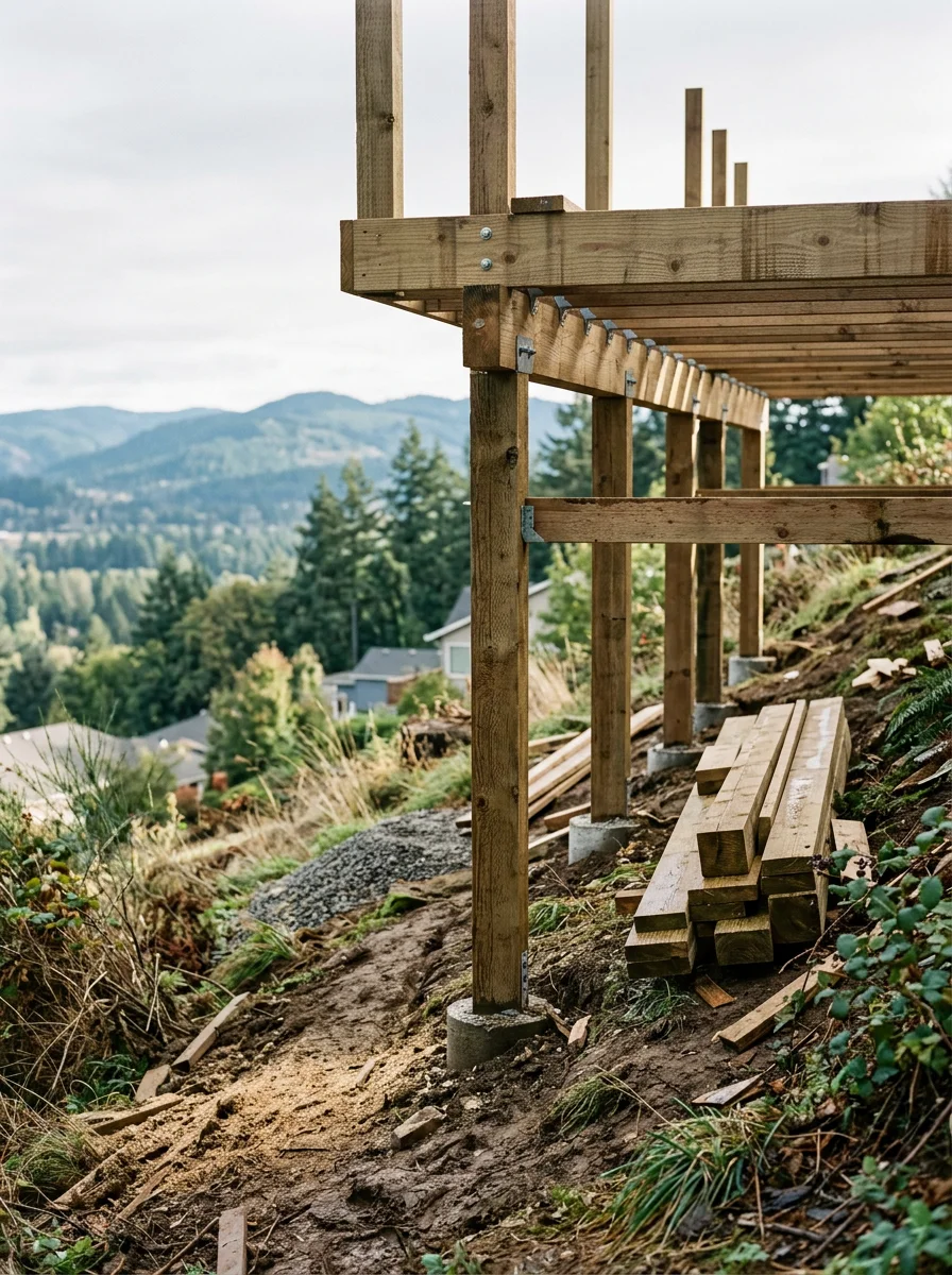 A hillside deck under construction at a Cottage Grove property in Sunrise Estates, showing tall pressure-treated posts and beam framing on a sloped lot with valley views.