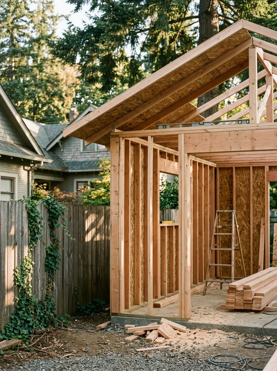 A newly framed ADU structure in a Eugene backyard, showing wall framing and roof sheathing in progress on a compact urban lot.