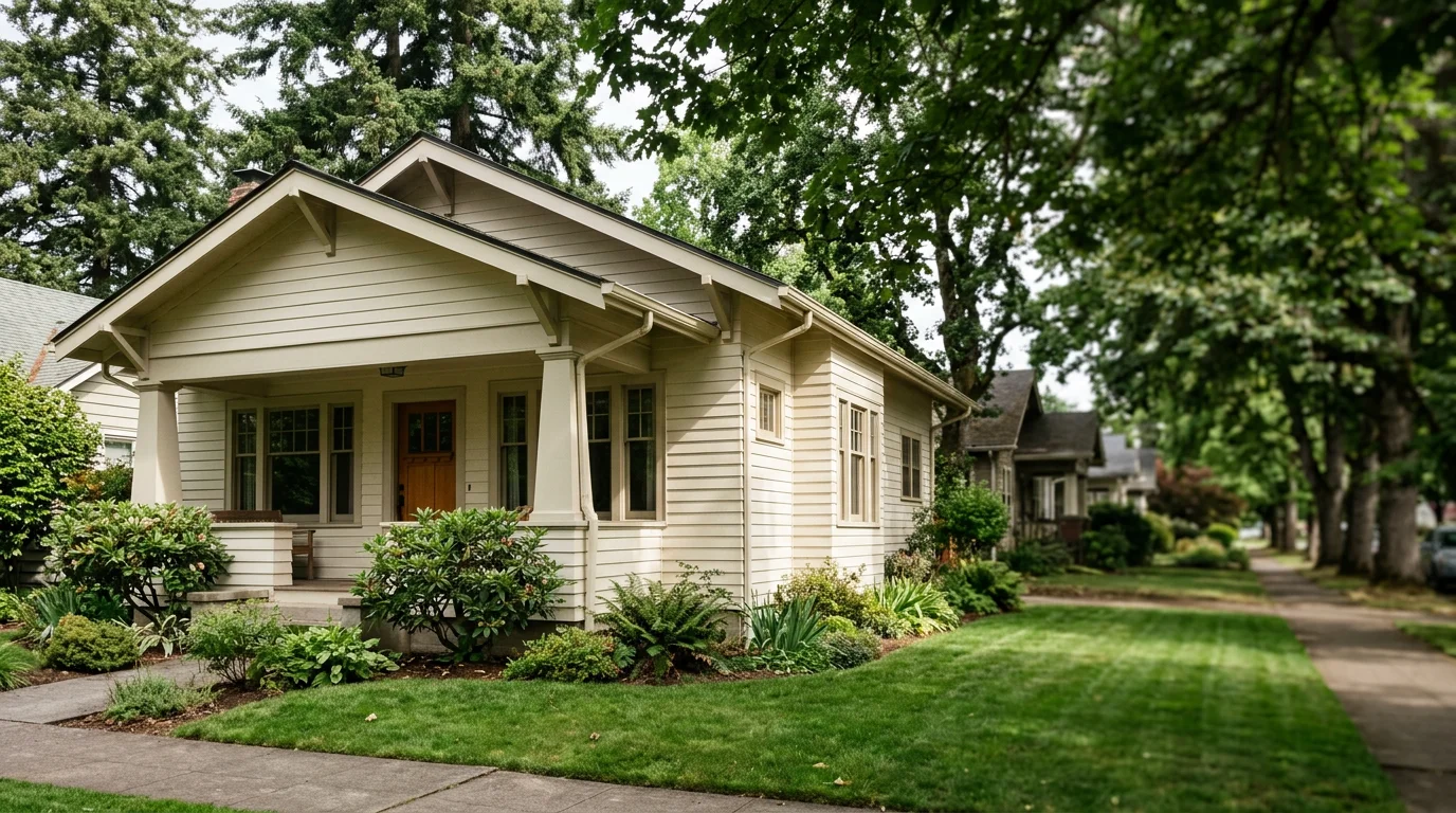 A craftsman bungalow in Eugene's Amazon neighborhood with new fiber cement siding installed, showing clean lap joints and fresh exterior paint on a tree-lined residential street.