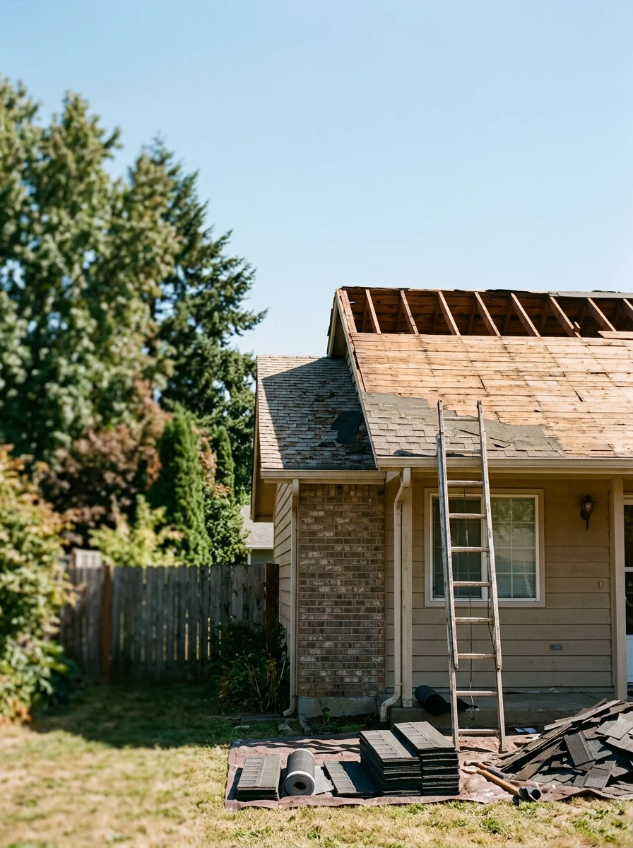 A 1970s ranch home in Junction City's in-town neighborhood with a new architectural shingle roof installation in progress, showing the tear-off stage with original decking exposed on a flat-terrain lot.