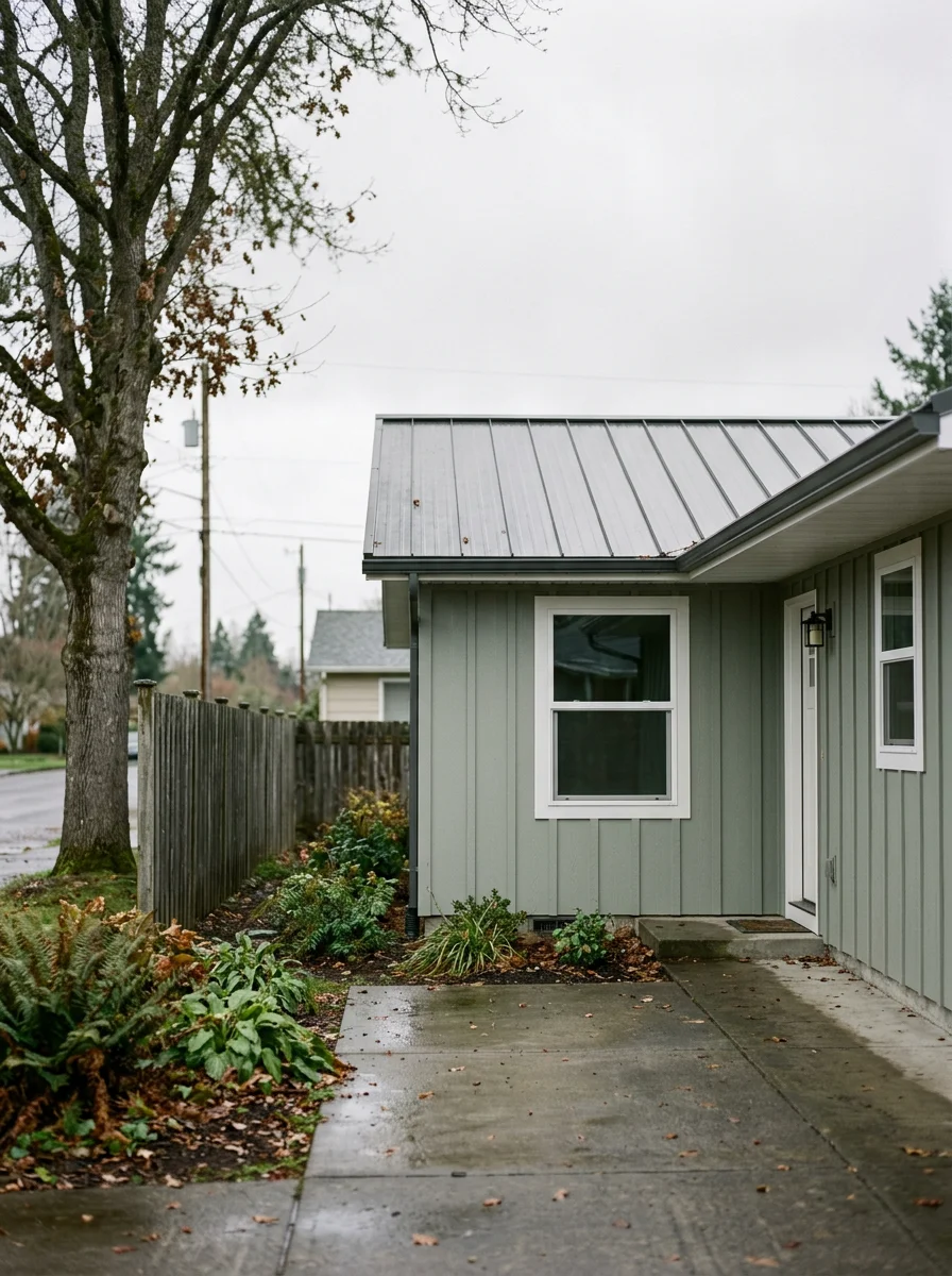 Fiber cement siding installation on Keizer home with standing seam metal roof, engineered for wet climate durability