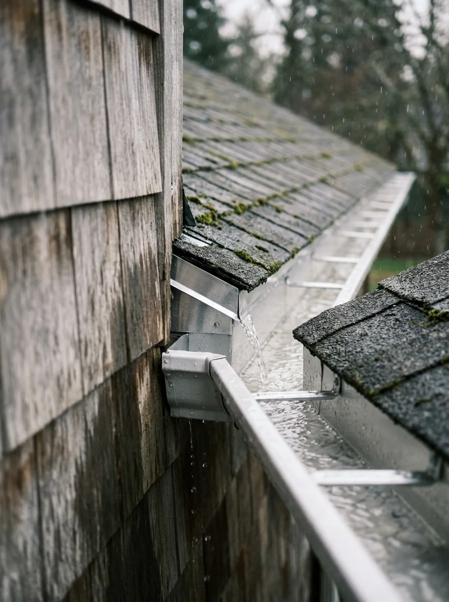 Close-up of properly installed roof flashing and gutters in rainy Oregon conditions