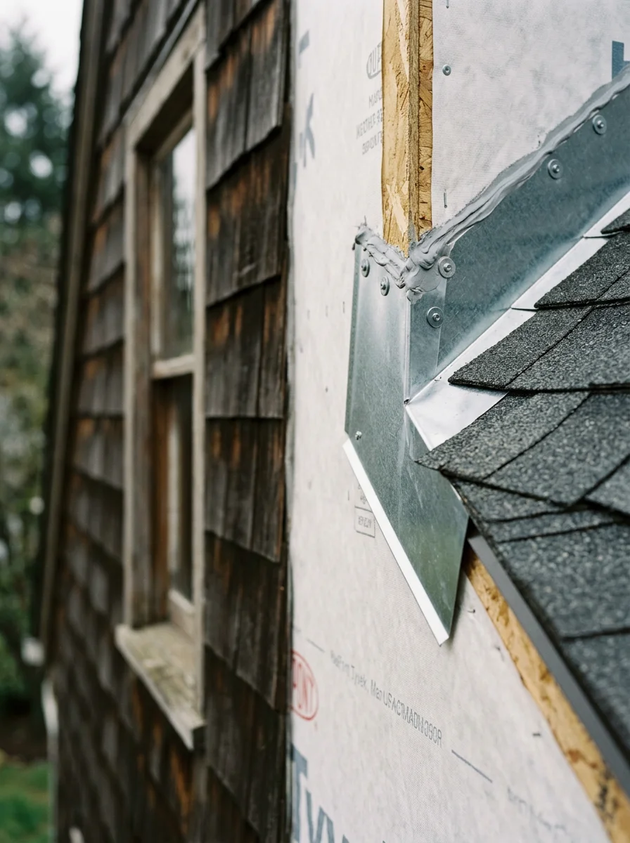 Close-up of properly sealed roof flashing and moisture barrier on Pleasant Hill residence