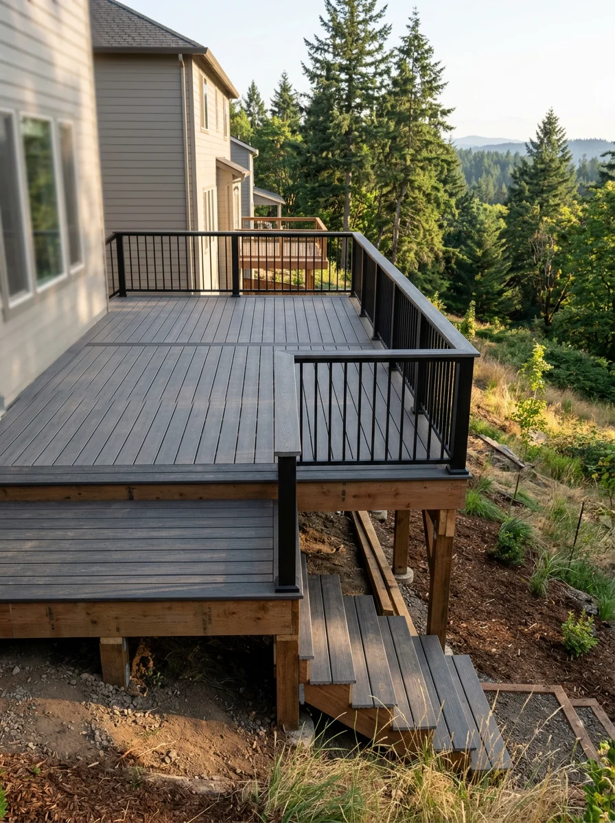A newly built wood deck attached to a Springfield home in the Woodland Ridge development, showing pressure-treated framing and composite decking boards on a sloped backyard lot.