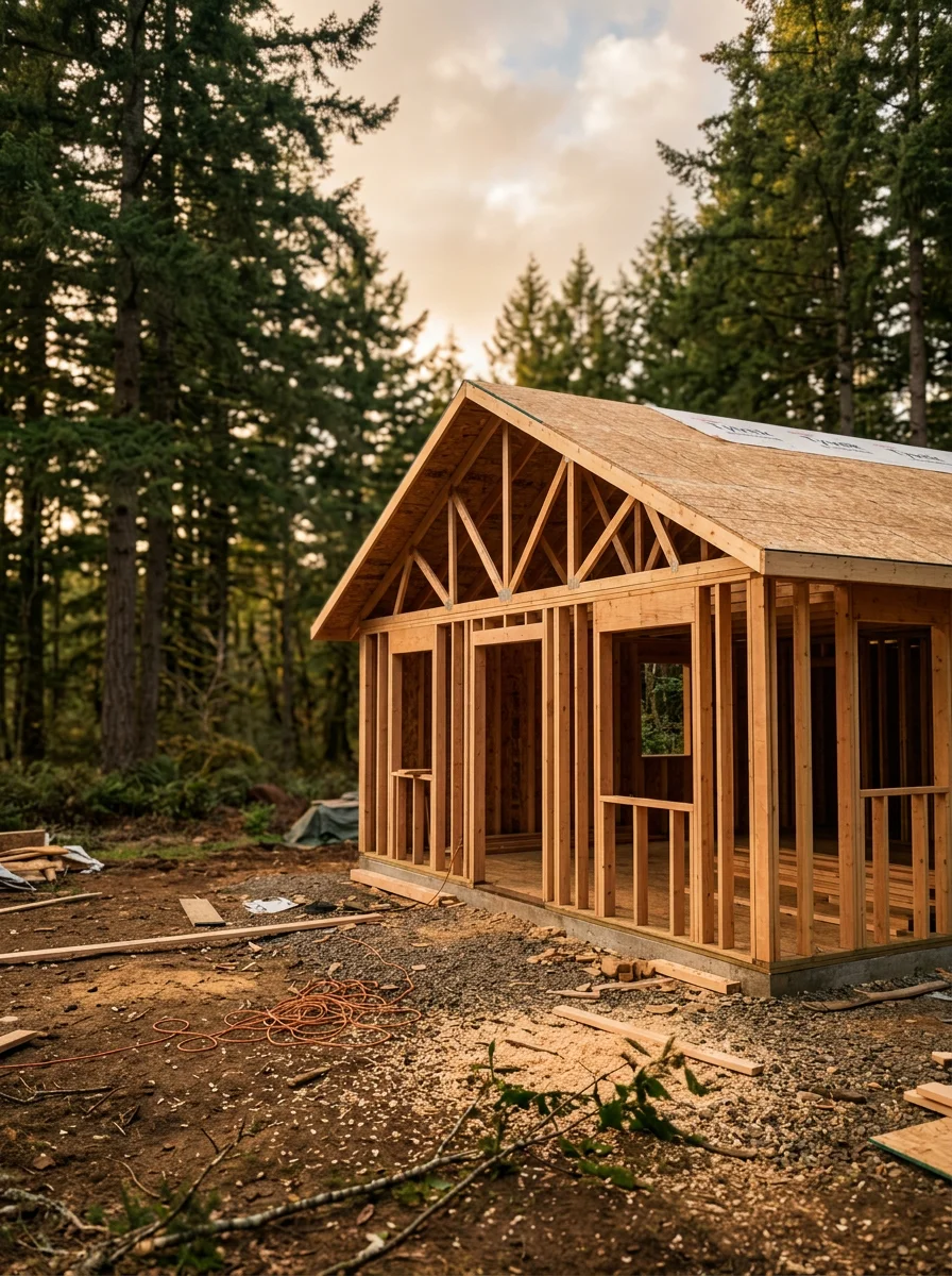 A newly framed detached ADU structure on a large Veneta acreage lot, showing wall framing and roof sheathing in progress with mature Douglas fir trees surrounding the property.