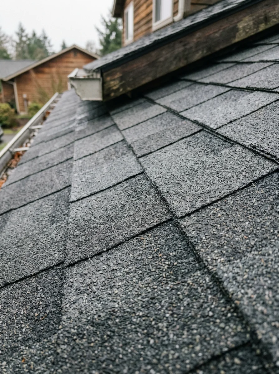 Close-up of a freshly installed architectural shingle roof on a Walterville property, showing algae-resistant granules on a north-facing roof plane.