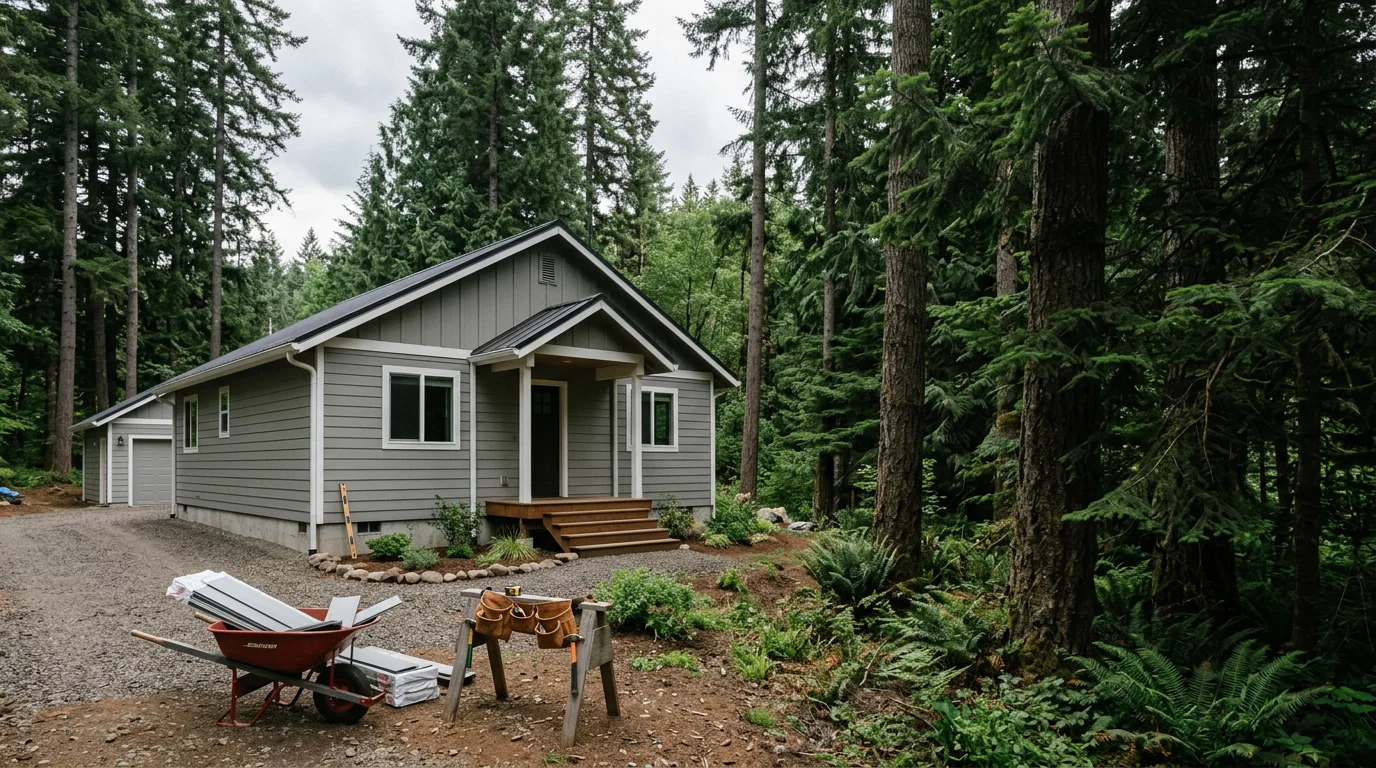A rural single-family home in Walterville, Oregon with new fiber cement siding installed, surrounded by tall Douglas fir trees along the McKenzie River corridor.