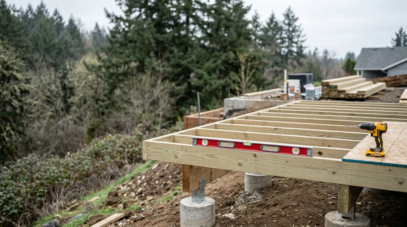 A newly installed wood deck attached to a residential home in Walterville, Oregon, with clean board lines, secure railing posts, and steps leading to a backyard lawn. The deck structure shows tight framing and even spacing across all boards.