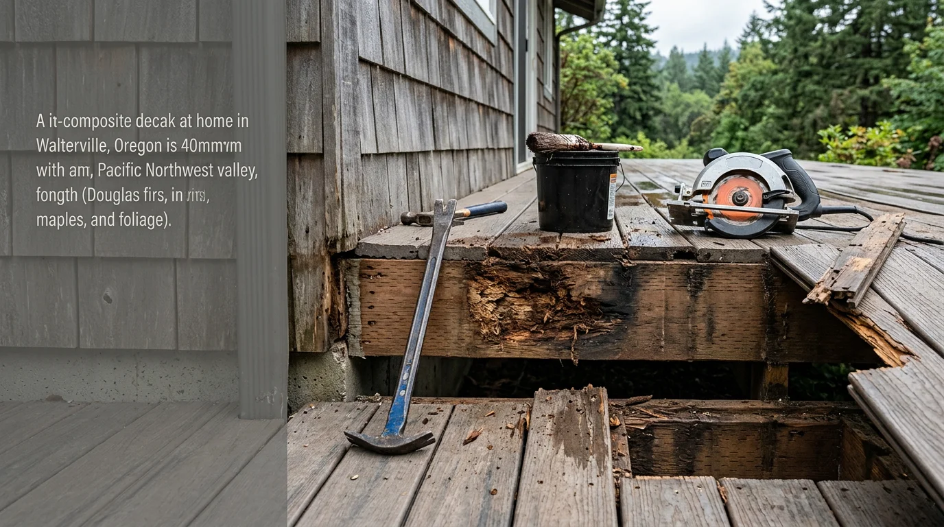 A repaired wood deck on a residential home in Walterville, Oregon, showing replaced boards and secured railings with a wooded Lane County backdrop. Close-up detail of tight board seams and new fasteners along the deck surface.