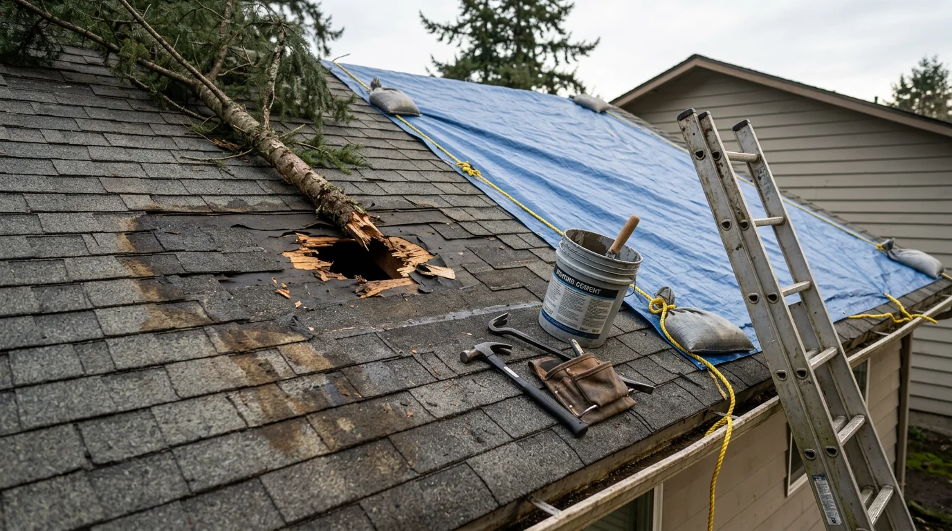 A damaged residential roof in Walterville, Oregon with missing shingles and exposed decking after a wind storm. A roofing contractor from Jeronimos Construction inspects the affected area from a ladder alongside the home.