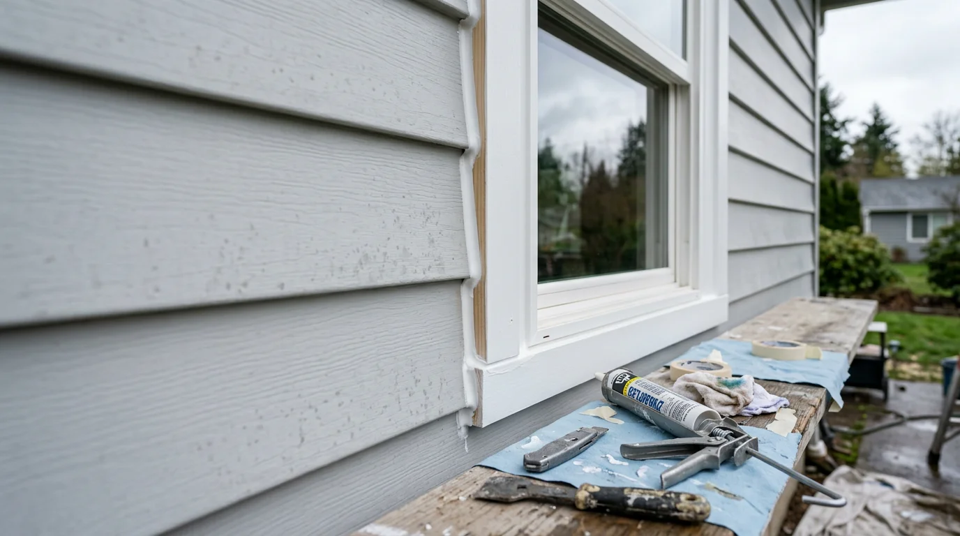 Finished exterior of a Lane County home showing clean trim lines, sealed joints, and completed detail work around windows and corners. Exterior finishing work completed by Jeronimos Construction in Walterville, Oregon.