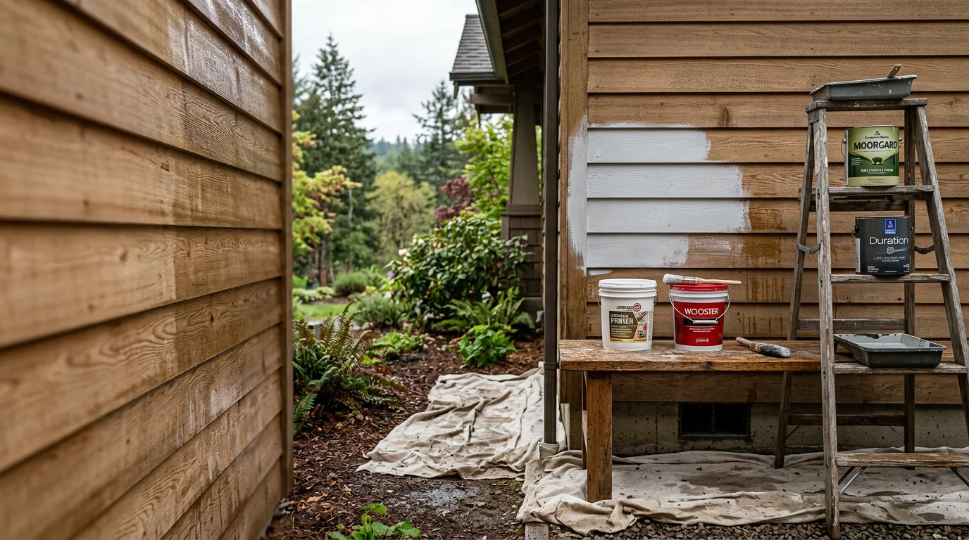 A freshly painted single-family home exterior in Walterville, Oregon, showing clean siding and trim with an even coat of paint. The surrounding landscape reflects the rural Lane County setting near the McKenzie River corridor.