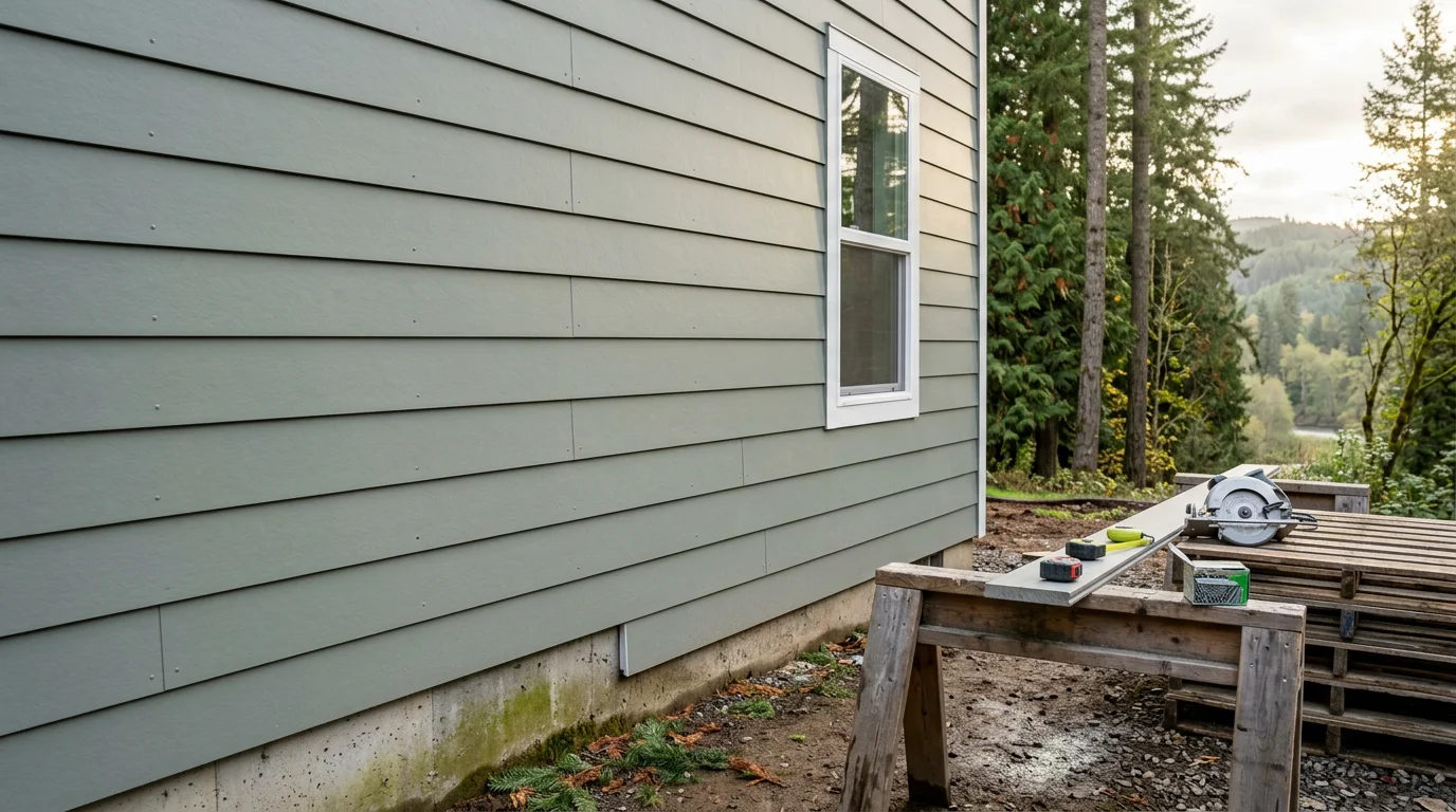 Freshly installed fiber cement siding on a single-family home in Walterville, Oregon, with clean panel lines and painted trim around the windows. The exterior shows a smooth, uniform finish suited for the wet Pacific Northwest climate.