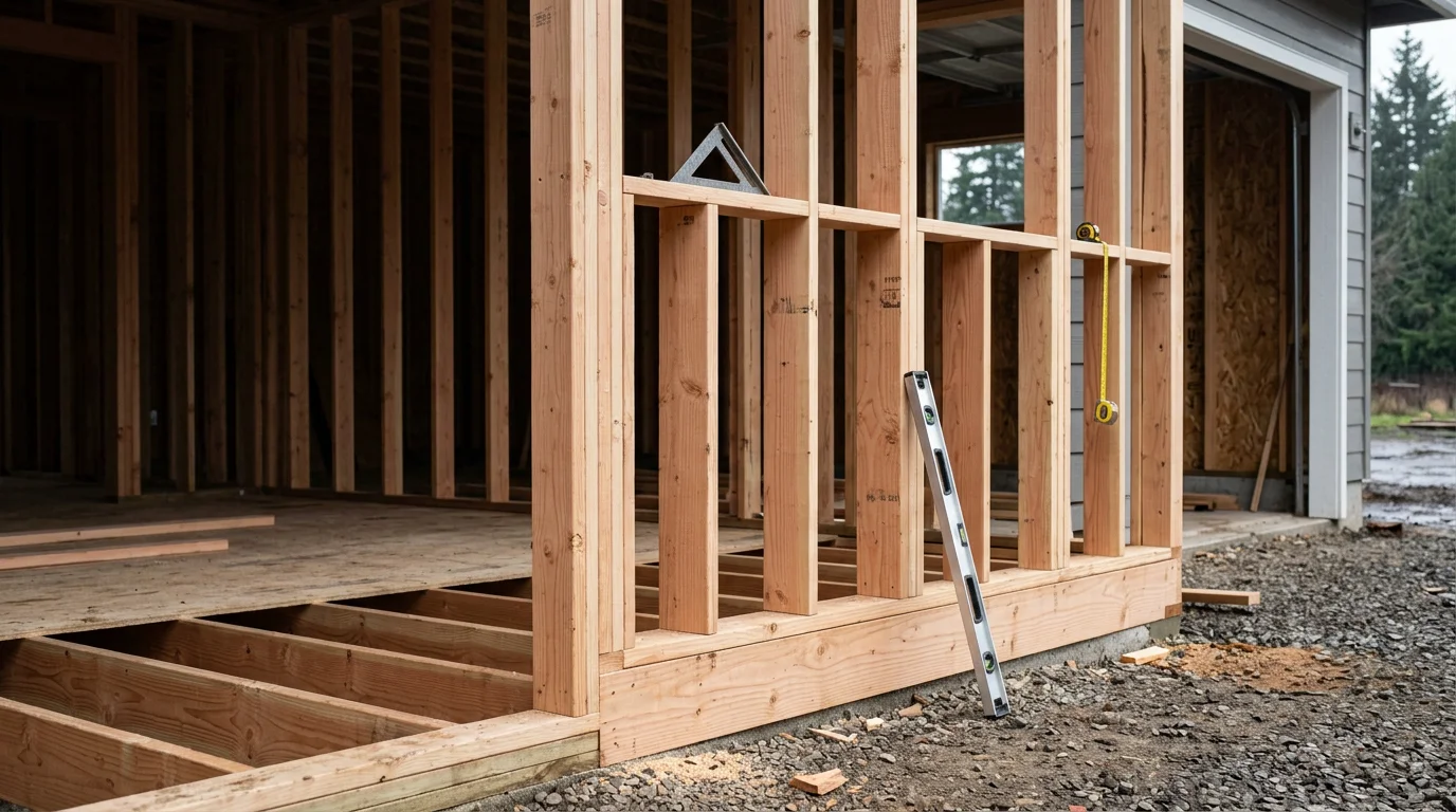 Residential wood framing in progress on a new home build in Walterville, Oregon, showing plumb wall studs, floor joists, and an open roof structure against a Pacific Northwest sky. A Lane County residential construction site with exposed structural framing ready for roofing and sheathing.