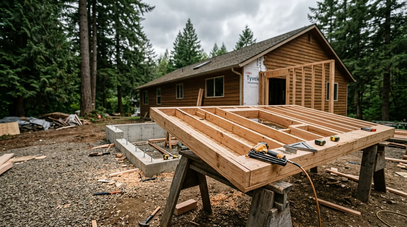 A newly completed home addition attached to a single-story rural home in the Walterville, Oregon area, showing matched exterior siding and a clean roofline transition. The addition expands the living space toward a wooded backyard typical of Lane County properties.