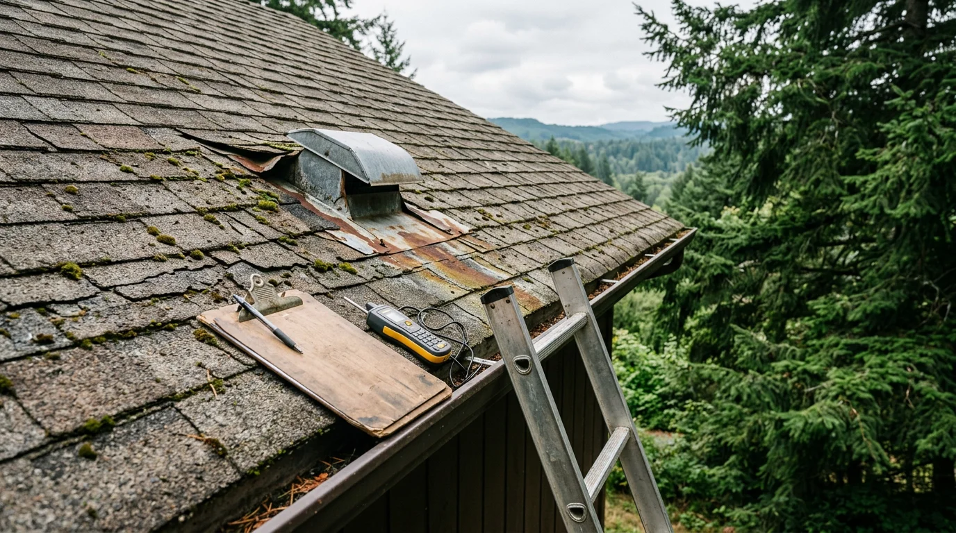 A Jeronimos Construction roofer closely examining shingle edges and flashing details on a residential roof in Walterville, Oregon, with surrounding tree cover visible in the background.