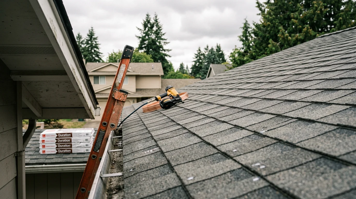 A freshly installed residential roof on a single-family home in Walterville, Oregon, showing clean lines and complete coverage across the full roof deck. The surrounding Lane County landscape is visible in the background.