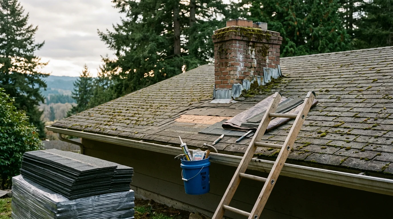 A Jeronimos Construction roofer repairing damaged shingles and flashing on a residential home in Walterville, Oregon, with mature trees and the McKenzie River valley visible in the background.