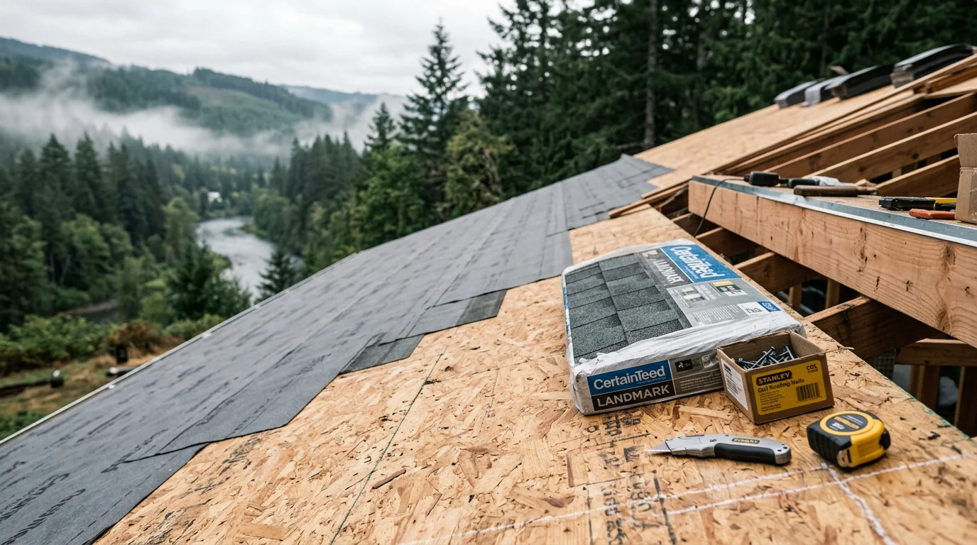 A freshly completed roof replacement on a single-family home in Walterville, Oregon, showing new roofing installed over a rural residential property with mature trees in the background. The replacement covers the full roof deck with clean, uniform lines visible from the street.