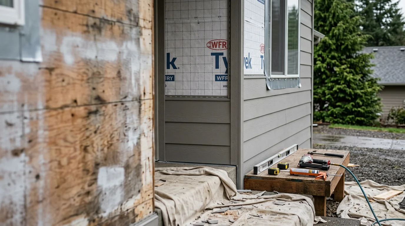 Freshly installed siding on a single-family home in Walterville, Oregon, with clean trim lines and a moisture barrier visible along the wall edge. The exterior shows new panels fitted tightly from foundation to roofline against a backdrop of Lane County's tree-lined landscape.