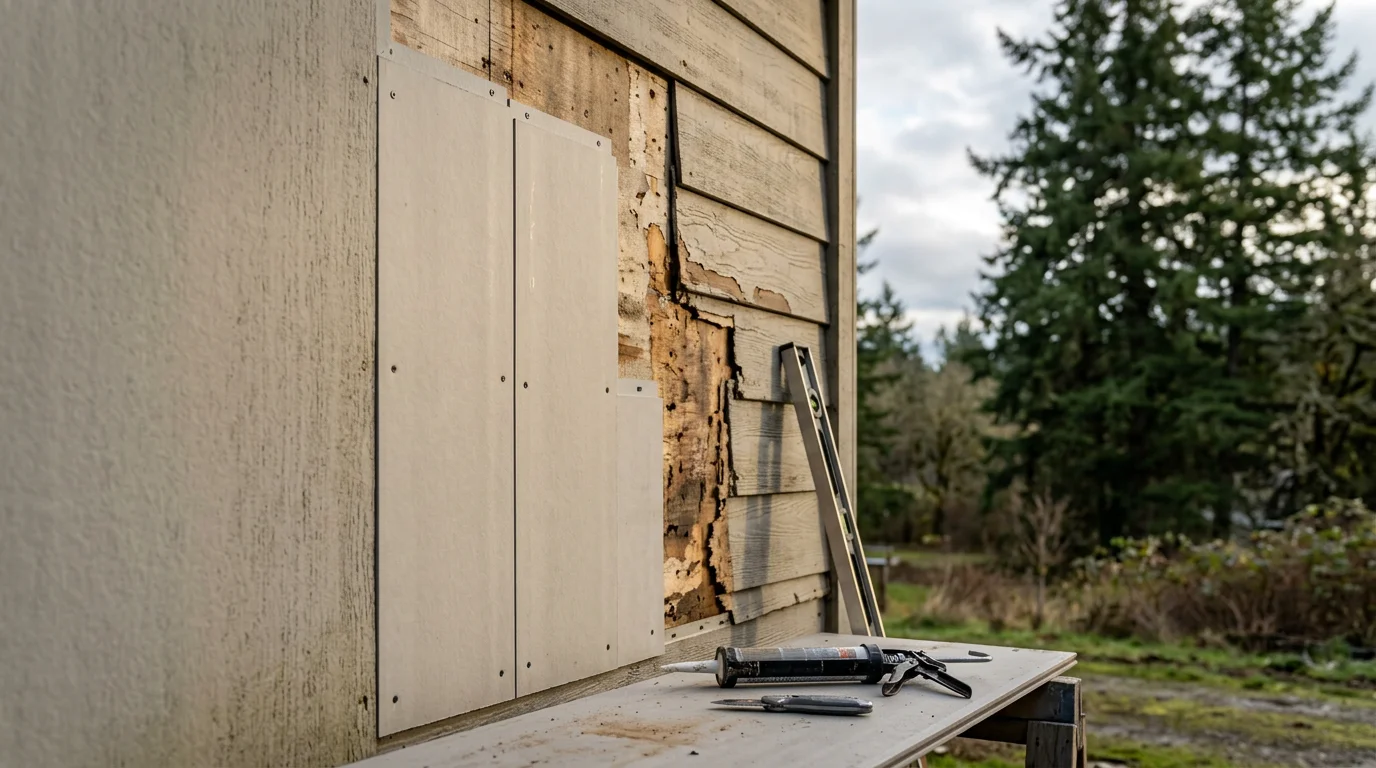 A Jeronimos Construction crew member repairing cracked and water-damaged siding panels on a residential home in Walterville, Oregon. Close-up view shows fresh panel sections fitted flush against the existing exterior wall.