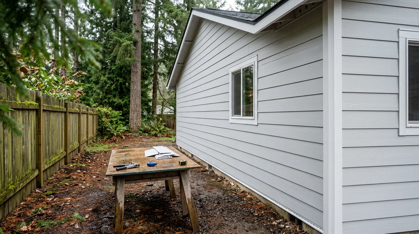 Freshly installed vinyl siding on a single-family home in Walterville, Oregon, showing clean panel lines and trim work around windows. The exterior reflects the overcast Lane County sky, with no visible gaps or warping along the wall surface.