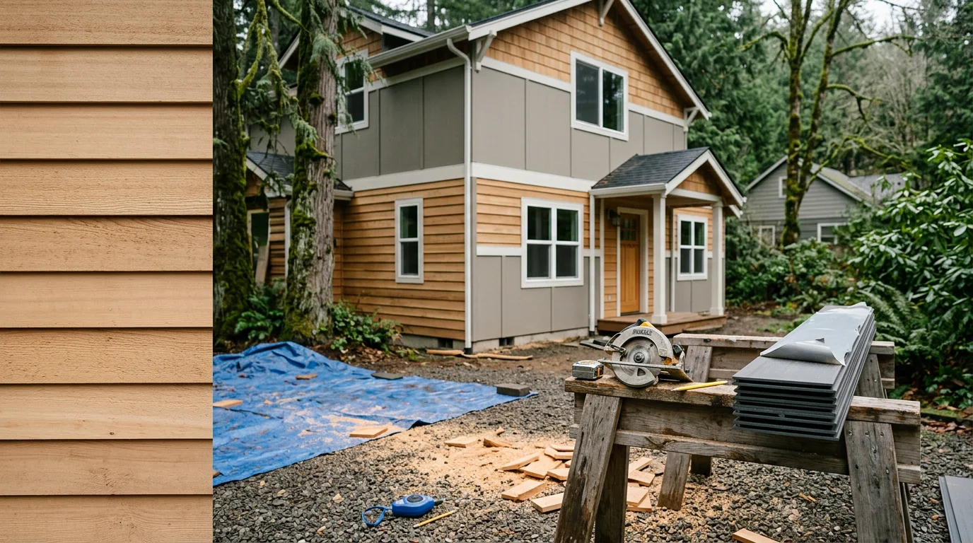 Freshly installed wood and composite siding on a single-family home in Walterville, Oregon, showing clean trim lines and tight panel seams on the exterior facade. The completed installation reflects detail-focused workmanship suited to Lane County's wet climate.