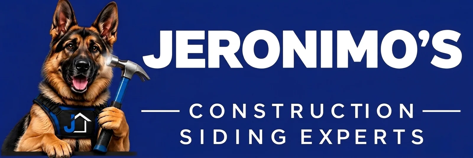 Jeronimo's Construction Siding Experts logo with German Shepherd mascot